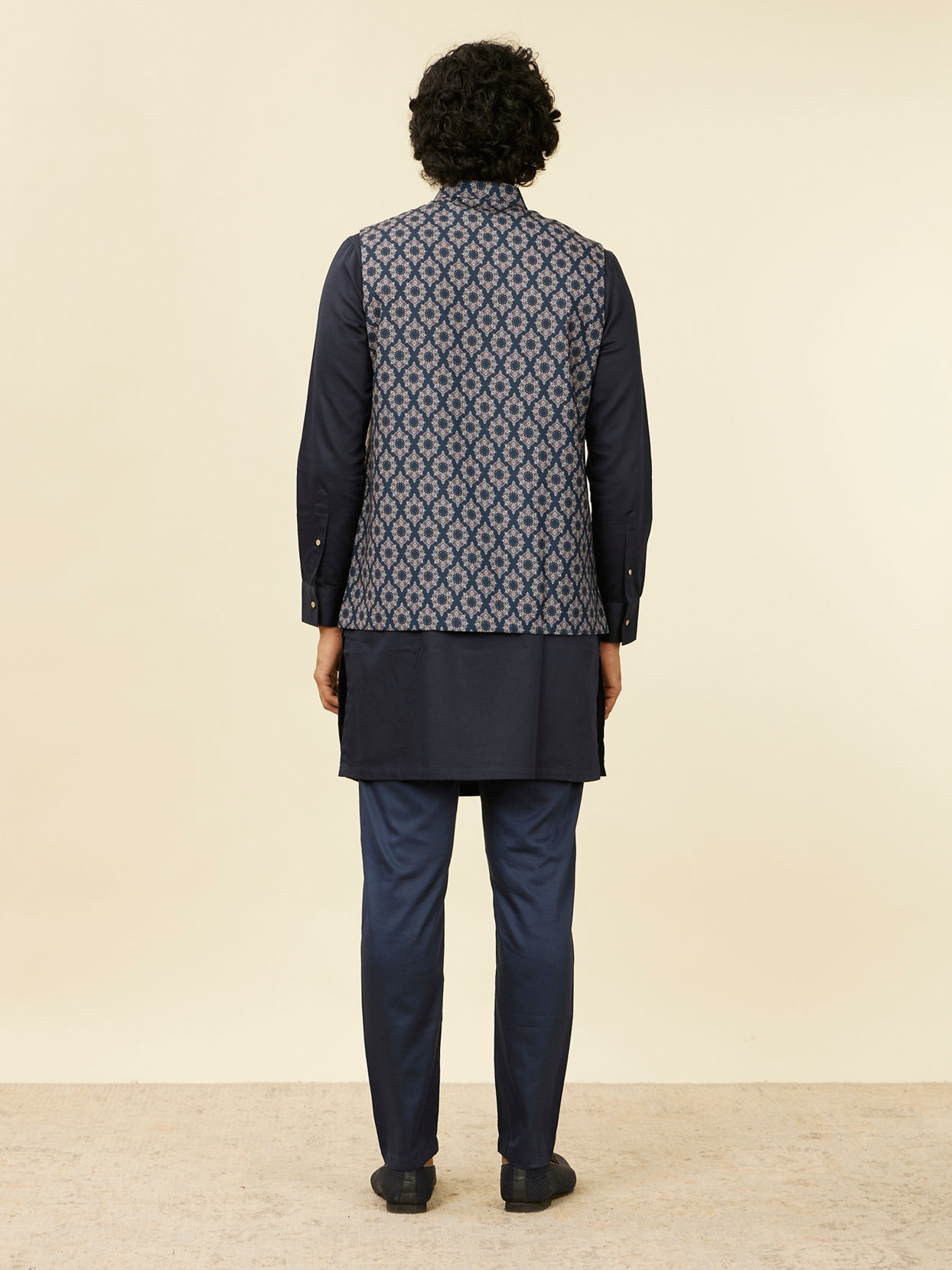 alt message - Manyavar Men Dark Blue Medallion Printed Nehru Jacket image number 3